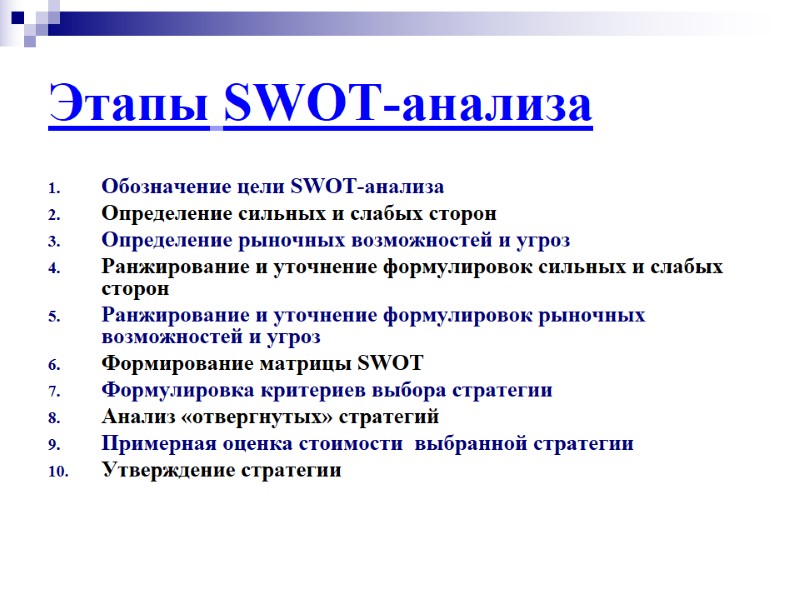 Этапы SWOT-анализа  Обозначение цели SWOT-анализа  Определение сильных и слабых сторон Определение рыночных
